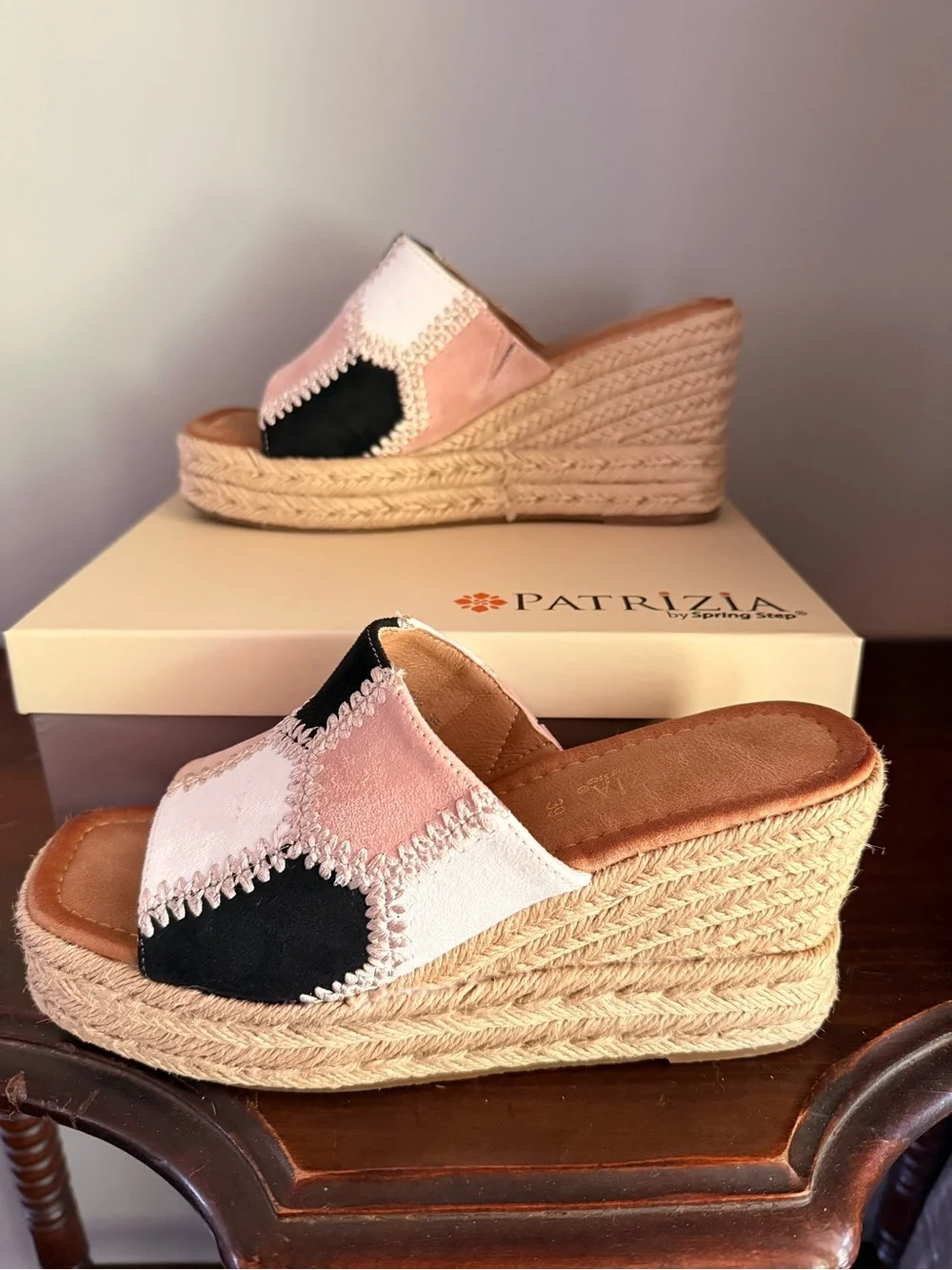 Patrizia Evolet blush multi. 8 1/2. Patchwork blush white black. Worn once